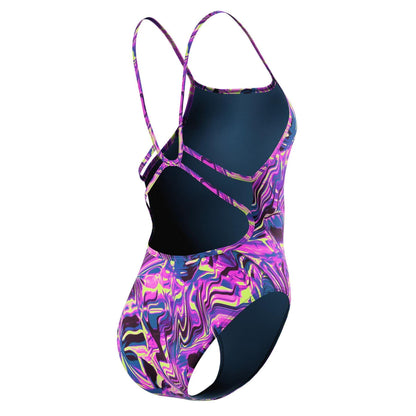 Pink - Lifestyle - Speedo Womens-Ladies Marble Swirl Webbed Strap One Piece Swimsuit