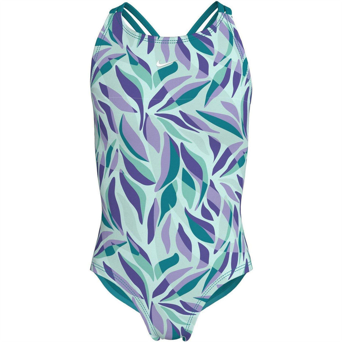 Blue - Front - Nike Girls Leaf Print One Piece Swimsuit