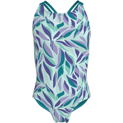 Blue - Front - Nike Girls Leaf Print One Piece Swimsuit