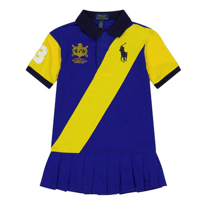 Blue Sapphire - Front - Ralph Lauren Girls Logo Polo Neck Regular Mini Shirt Dress