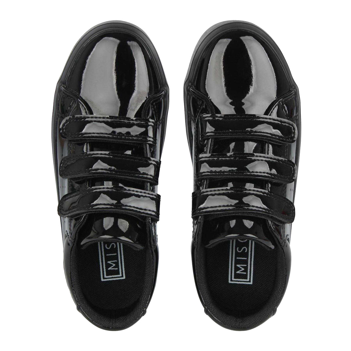 Black Patent - Side - Miso Childrens-Kids Patent 3 Straps Flat Trainers