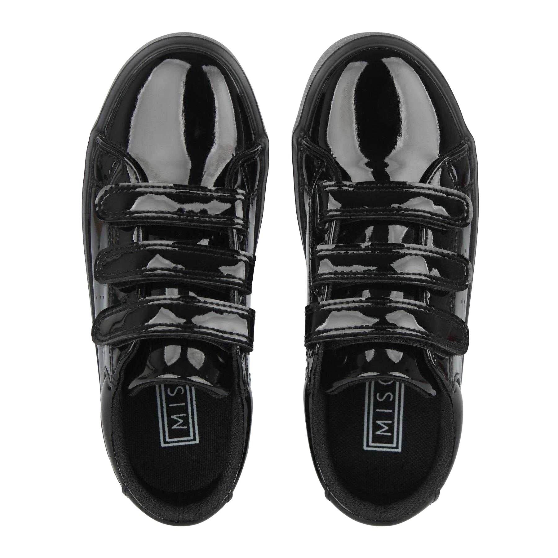 Black Patent - Side - Miso Childrens-Kids Patent 3 Straps Flat Trainers