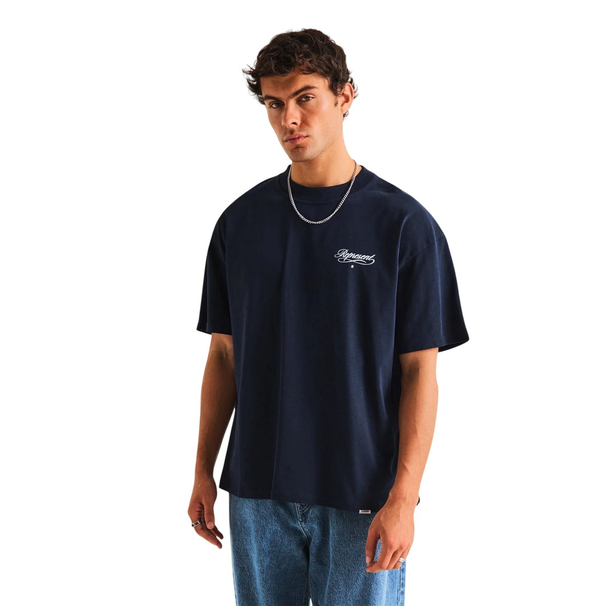 Navy - Side - Represent Mens Script Graphic Logo Slub Oversized T-Shirt