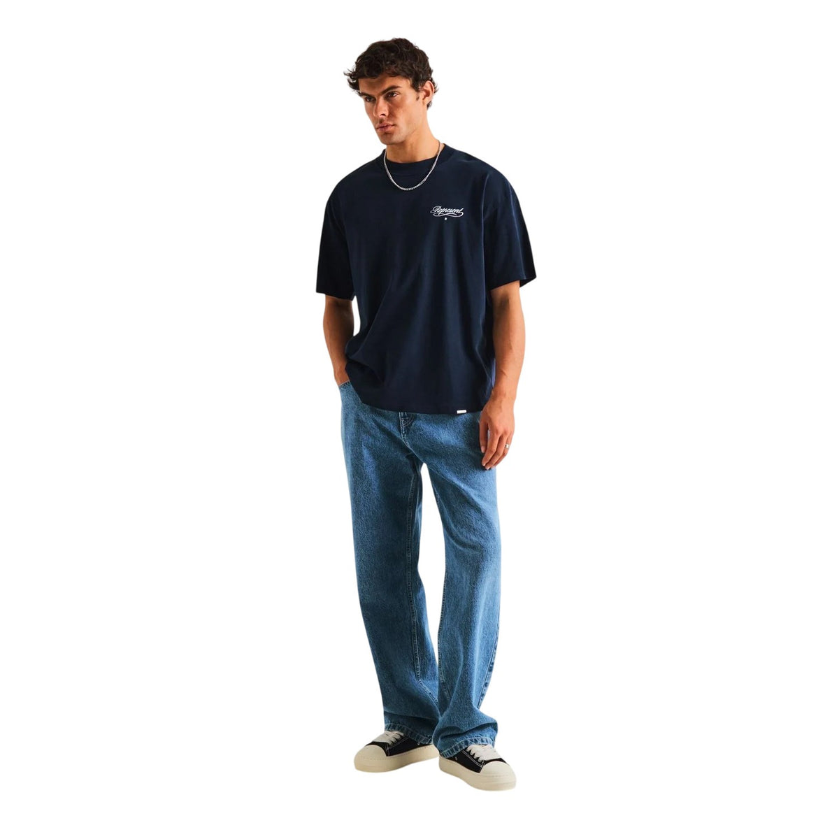 Navy - Pack Shot - Represent Mens Script Graphic Logo Slub Oversized T-Shirt