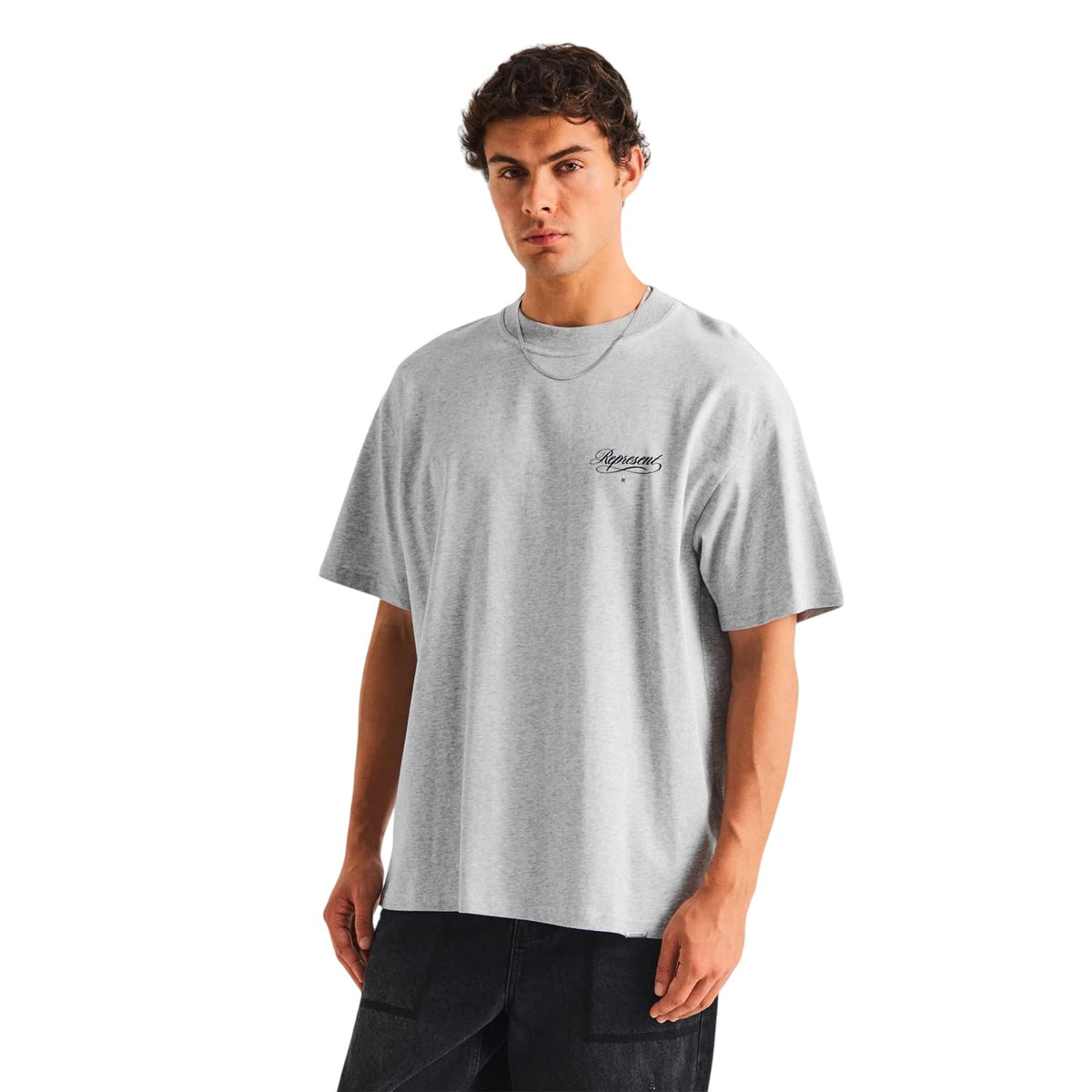 Ash Grey - Side - Represent Mens Script Graphic Logo Slub Oversized T-Shirt