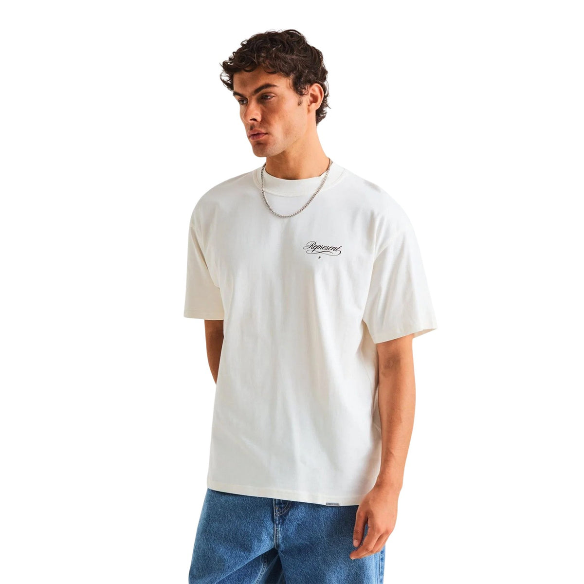 White - Side - Represent Mens Script Graphic Logo Slub Oversized T-Shirt