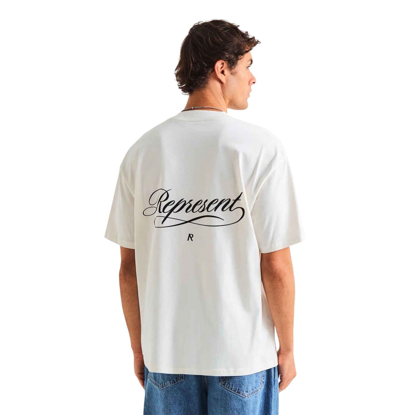 White - Lifestyle - Represent Mens Script Graphic Logo Slub Oversized T-Shirt