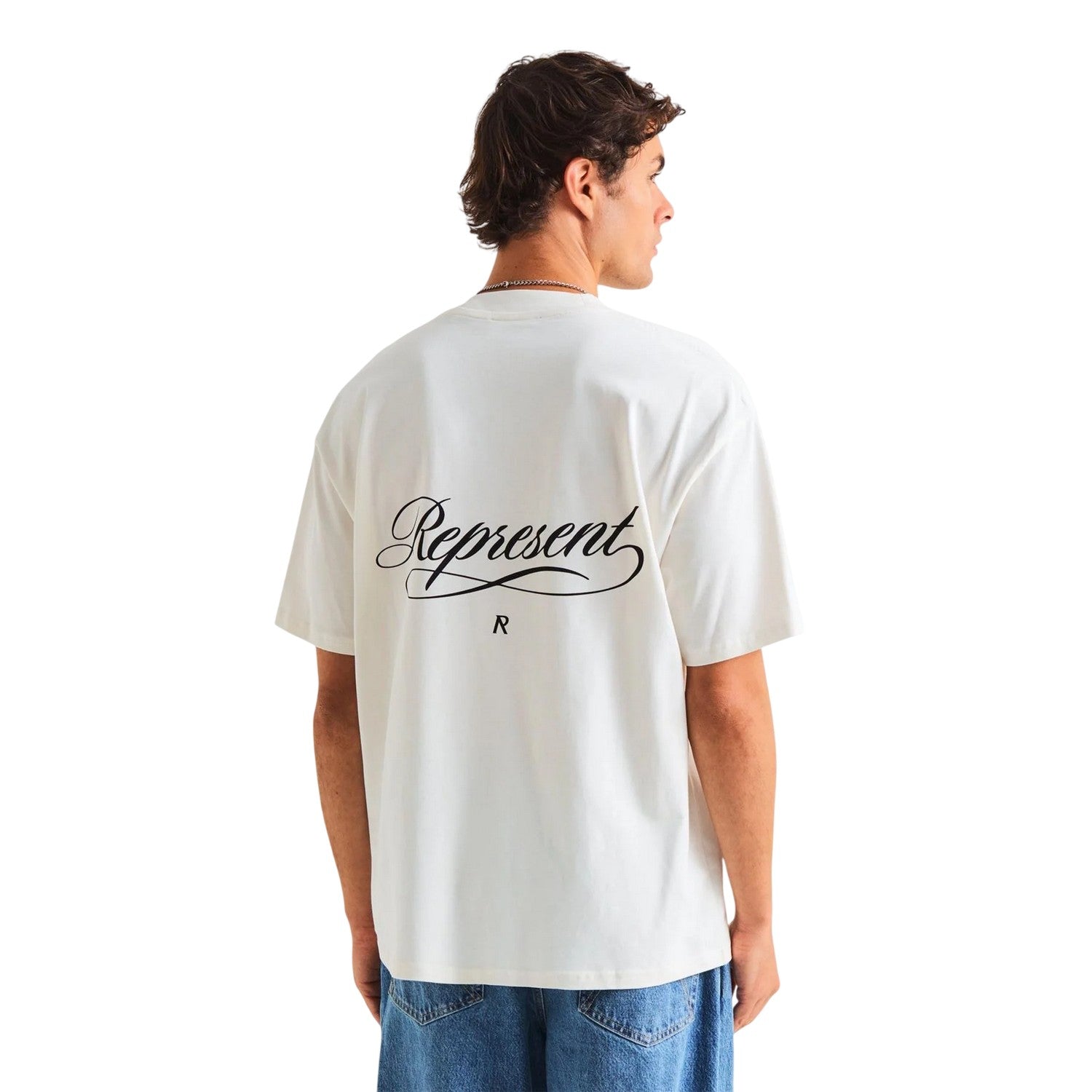 White - Lifestyle - Represent Mens Script Graphic Logo Slub Oversized T-Shirt