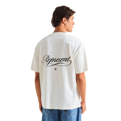 White - Lifestyle - Represent Mens Script Graphic Logo Slub Oversized T-Shirt