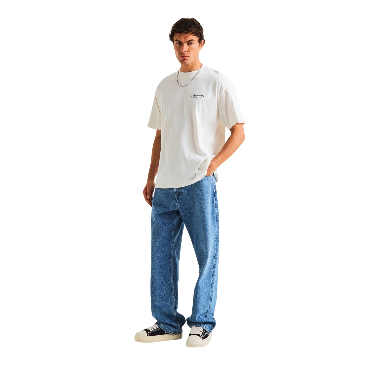White - Pack Shot - Represent Mens Script Graphic Logo Slub Oversized T-Shirt
