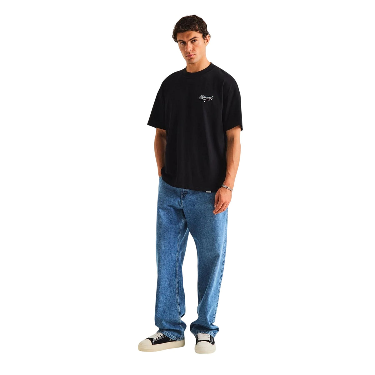 Black - Pack Shot - Represent Mens Script Graphic Logo Slub Oversized T-Shirt