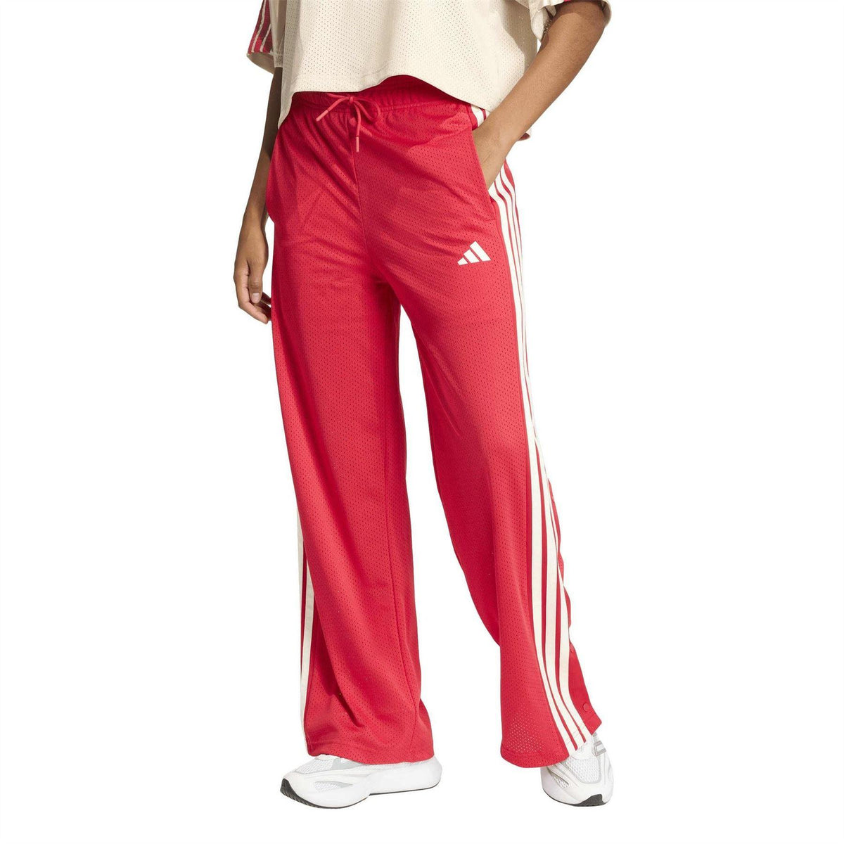 Ruby Red-White - Pack Shot - Adidas Womens-Ladies Open Hem Relaxed Fit Tracksuit Bottoms