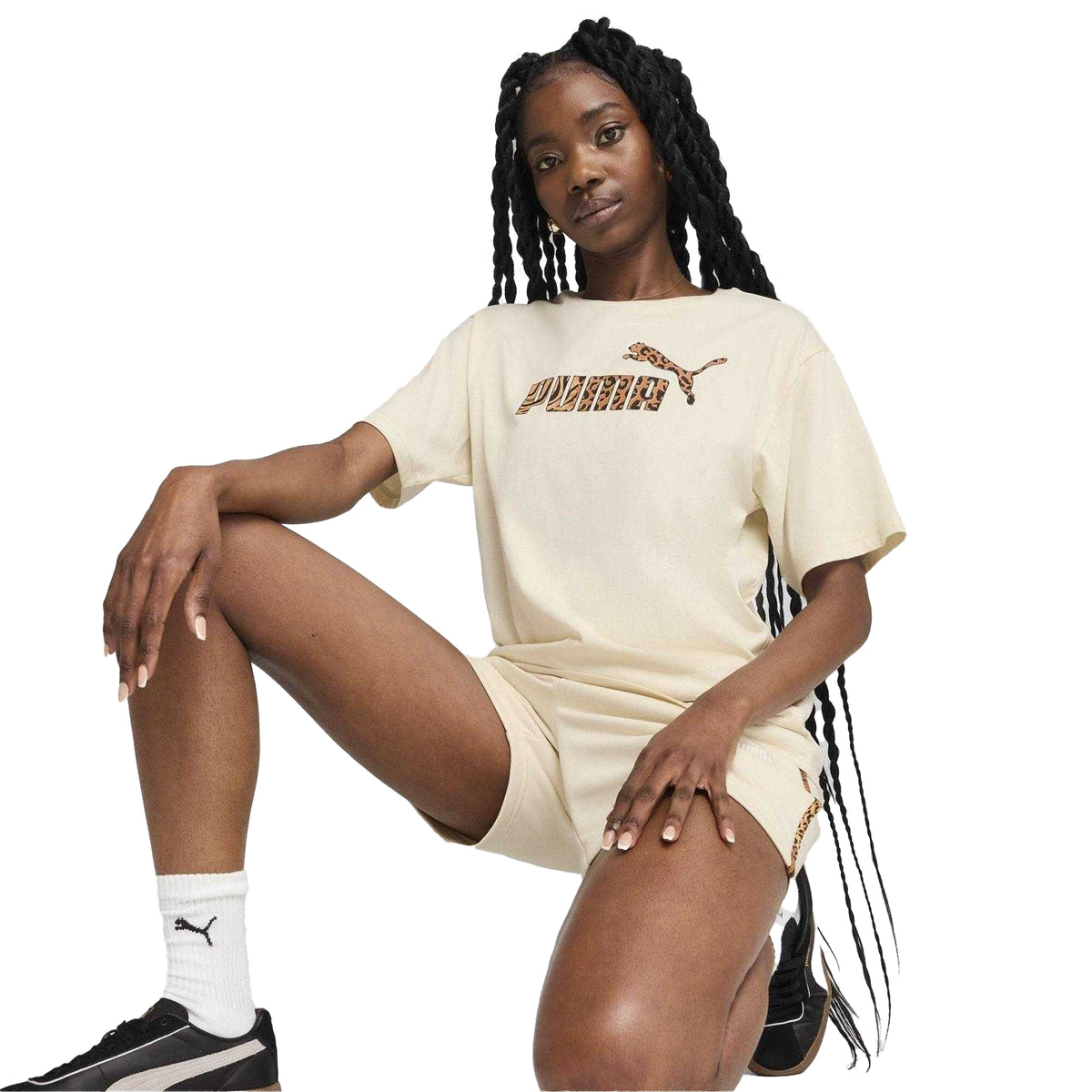Beige - Side - Puma Womens-Ladies Animal Print Logo T-Shirt