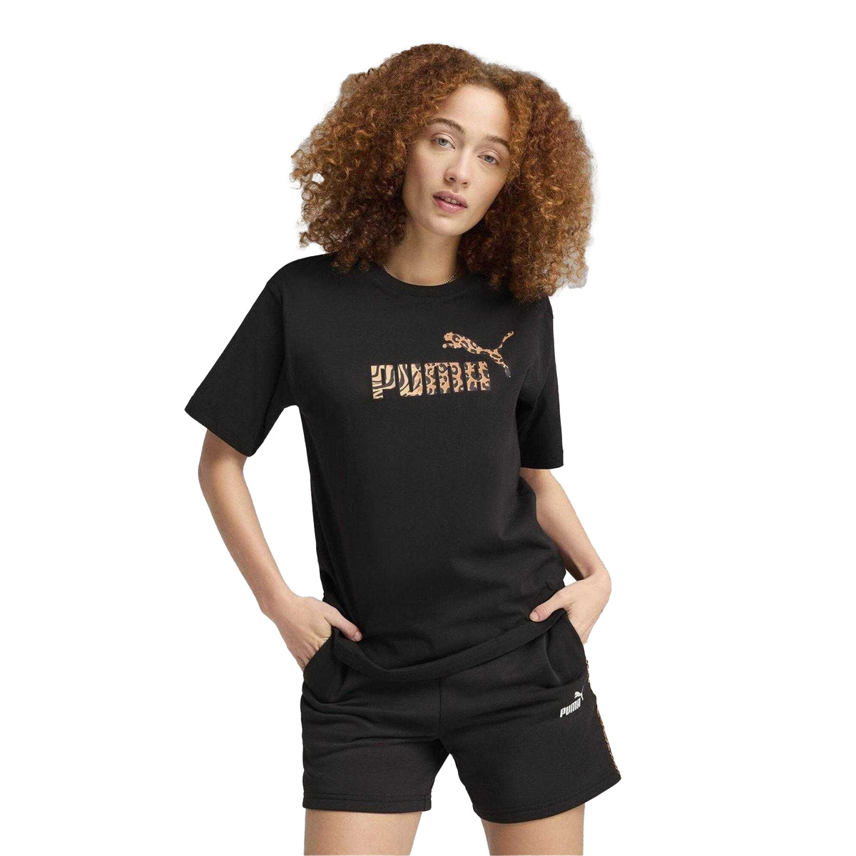 Black - Side - Puma Womens-Ladies Animal Print Logo T-Shirt