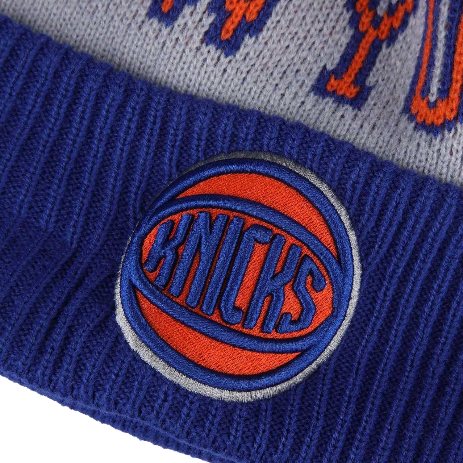 Blue-Grey-Red - Side - New Era Mens NBA Tip Off 2023 New York Knicks Knitted Bobble Beanie