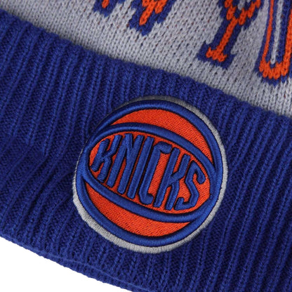Blue-Grey-Red - Side - New Era Mens NBA Tip Off 2023 New York Knicks Knitted Bobble Beanie