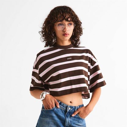 Chocolate - Lifestyle - WRSTBHVR Womens-Ladies Seth Striped Crop T-Shirt