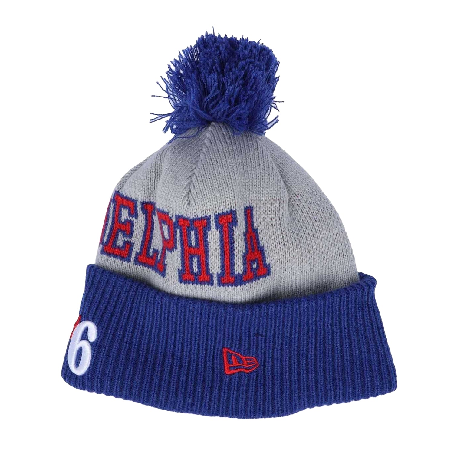 Blue-Grey-Red - Side - New Era Mens NBA Tip Off 2023 Philadelphia 76ers Knitted Bobble Beanie