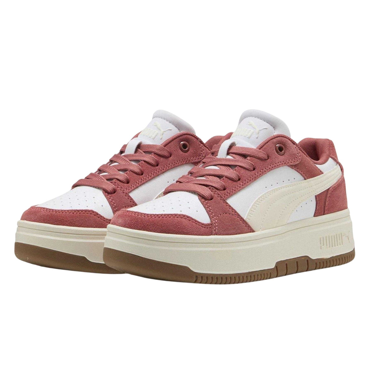 White-Red - Pack Shot - Puma Womens-Ladies Rebound Femme Leather Low Platform Trainers
