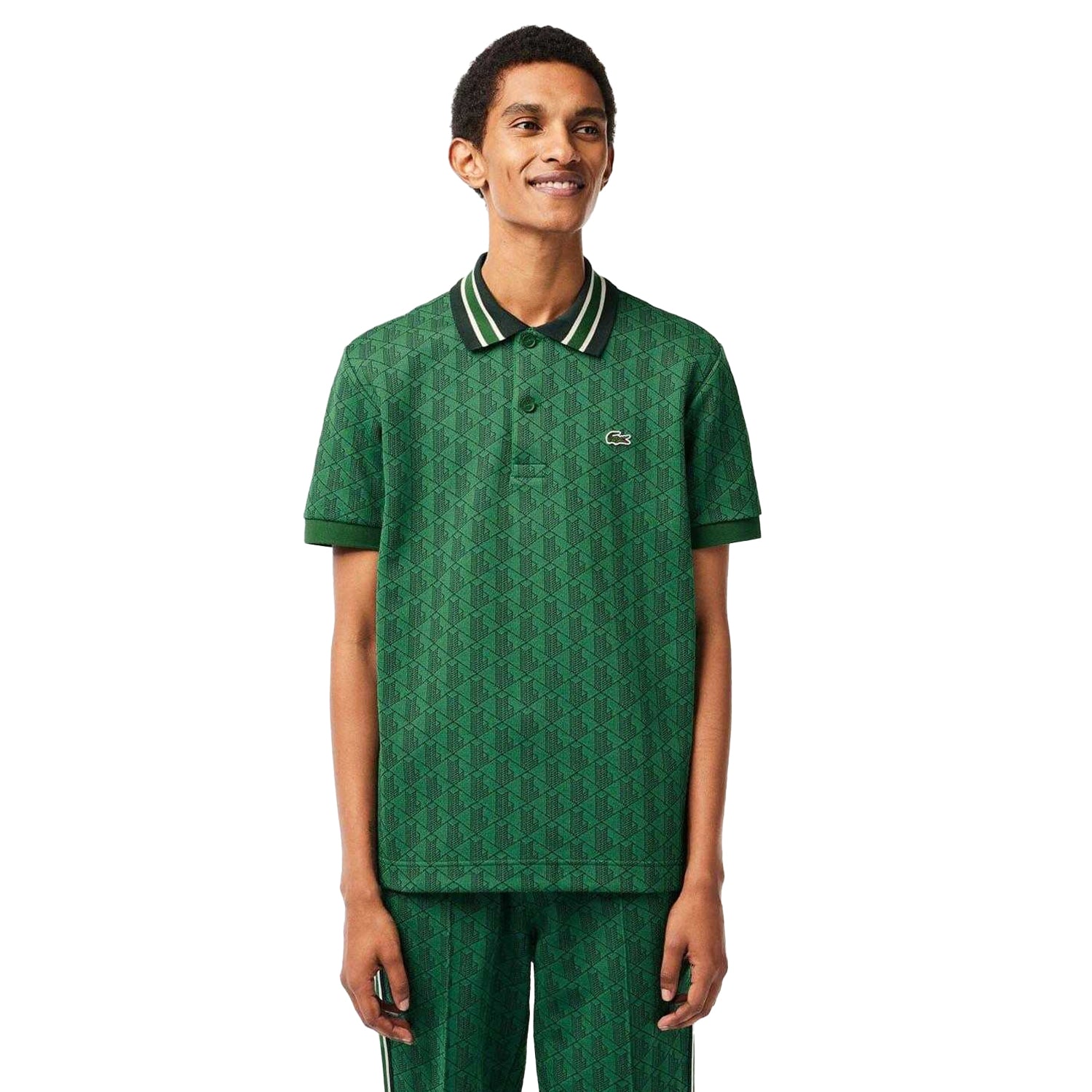 Green - Side - Lacoste Mens Monogram Jacquard Classic Polo Shirt