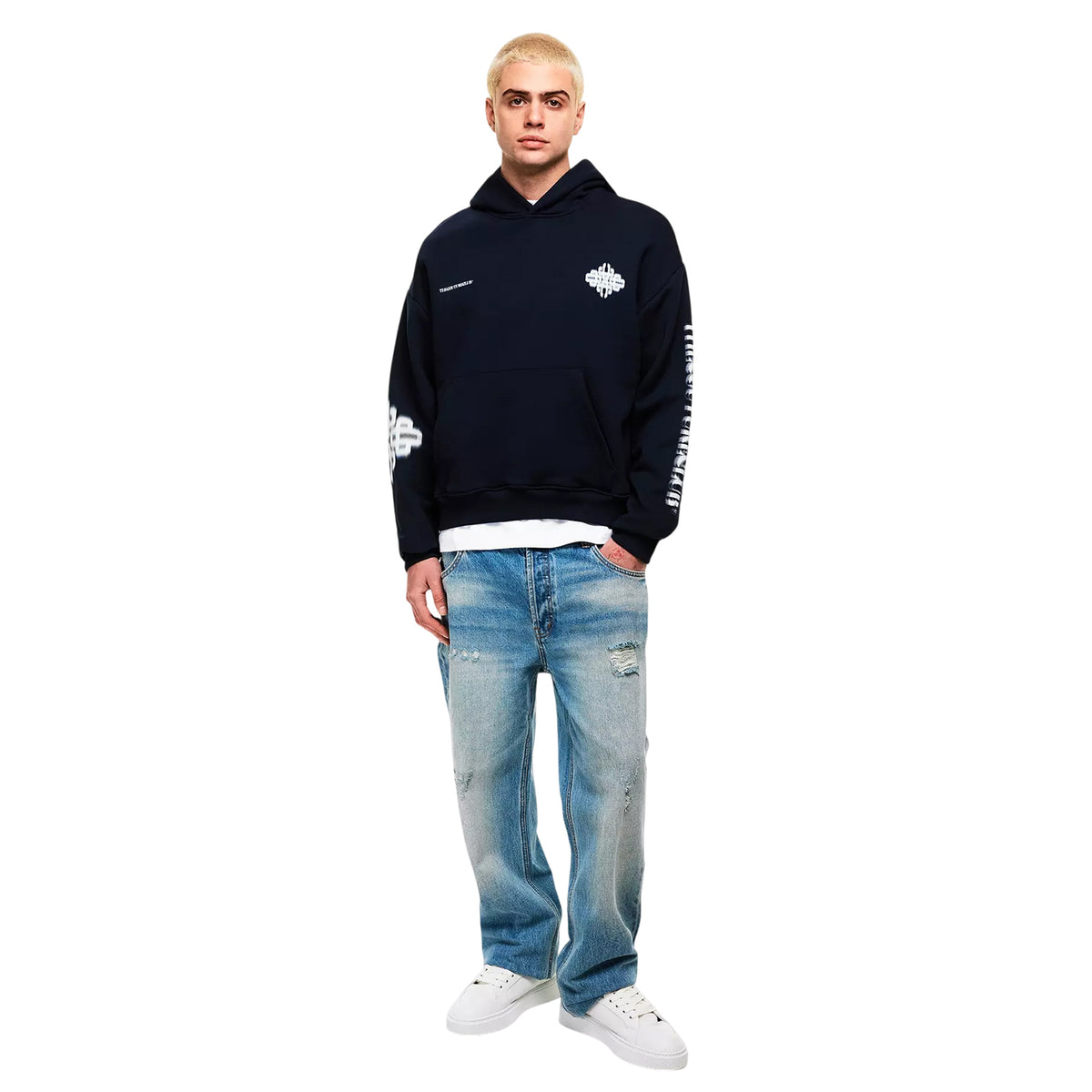 Navy-White - Pack Shot - Couture Club Mens Blurred Pullover Hoodie
