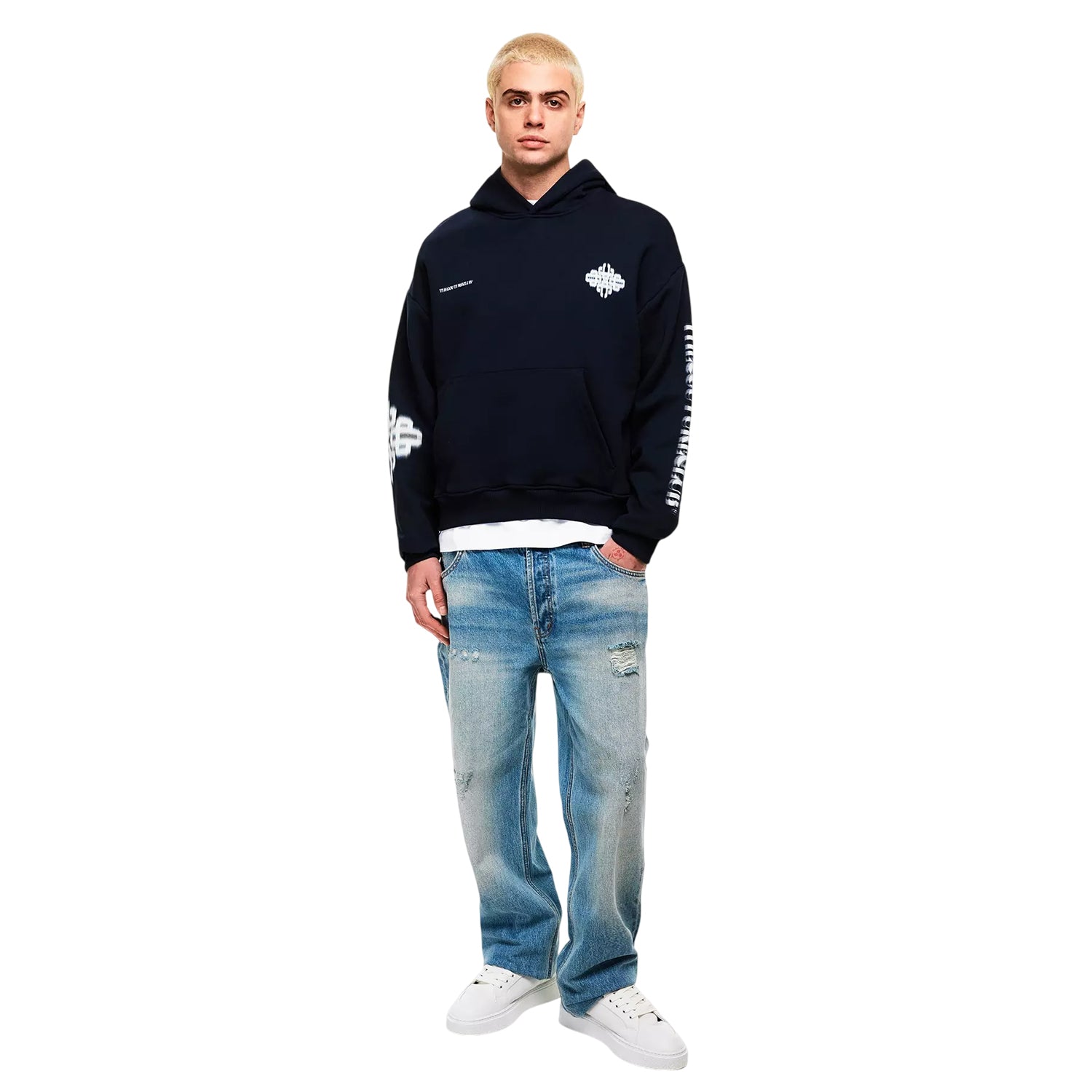Navy-White - Pack Shot - Couture Club Mens Blurred Pullover Hoodie