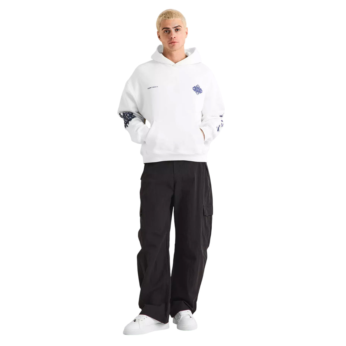 White-Navy - Pack Shot - Couture Club Mens Blurred Pullover Hoodie