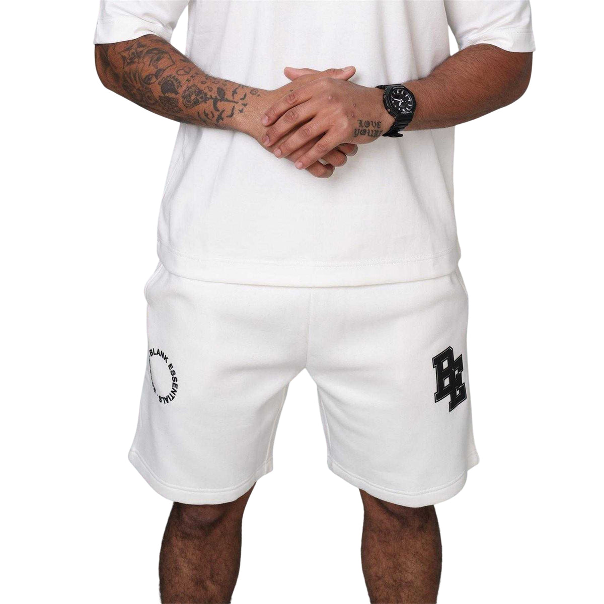 Off White - Side - Blank Essentials Mens Fleece Sweat Shorts