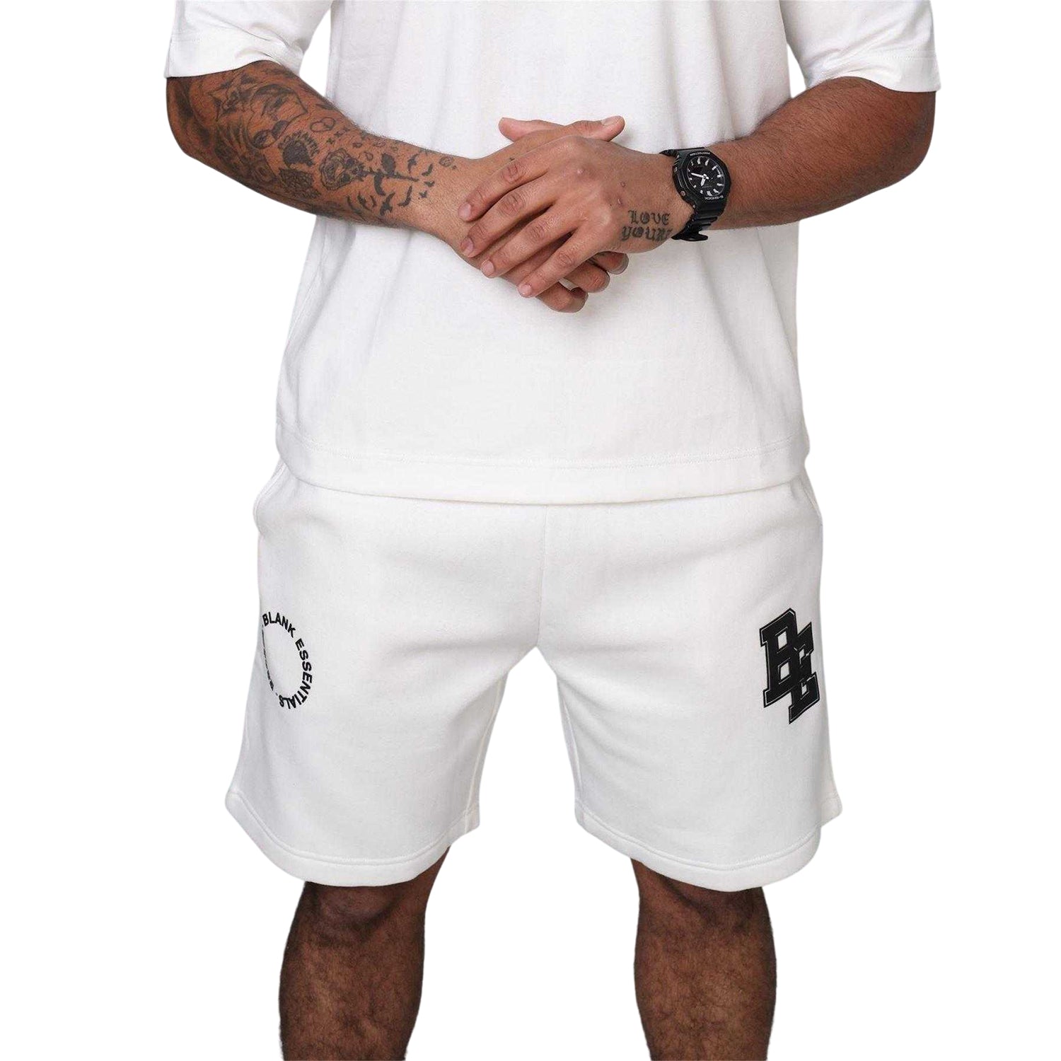 Off White - Side - Blank Essentials Mens Fleece Sweat Shorts