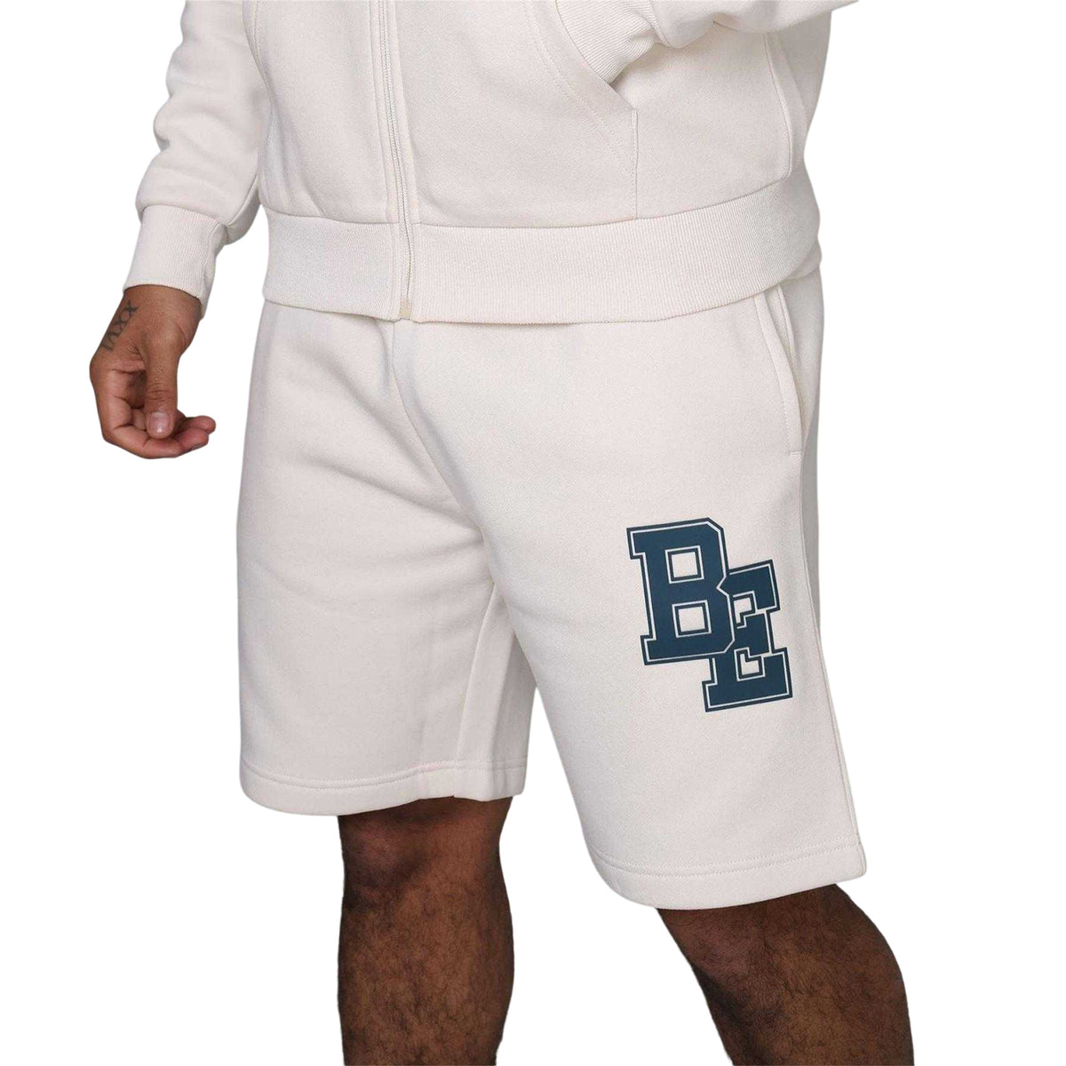 Bone - Side - Blank Essentials Mens Fleece Collegiate Logo Tapered Sweat Shorts