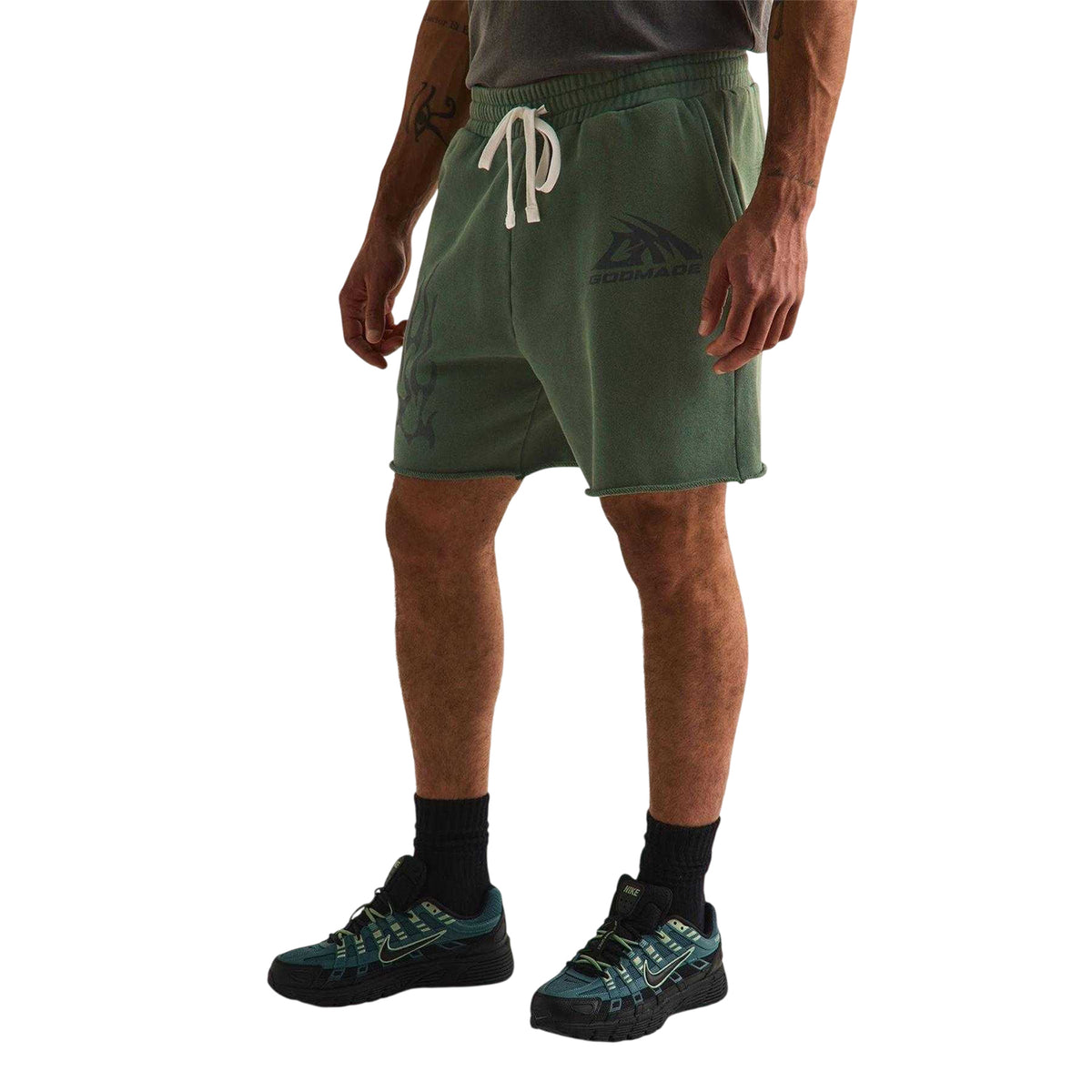 Dark Green - Side - GodMade Mens Fleece Logo Sweat Shorts