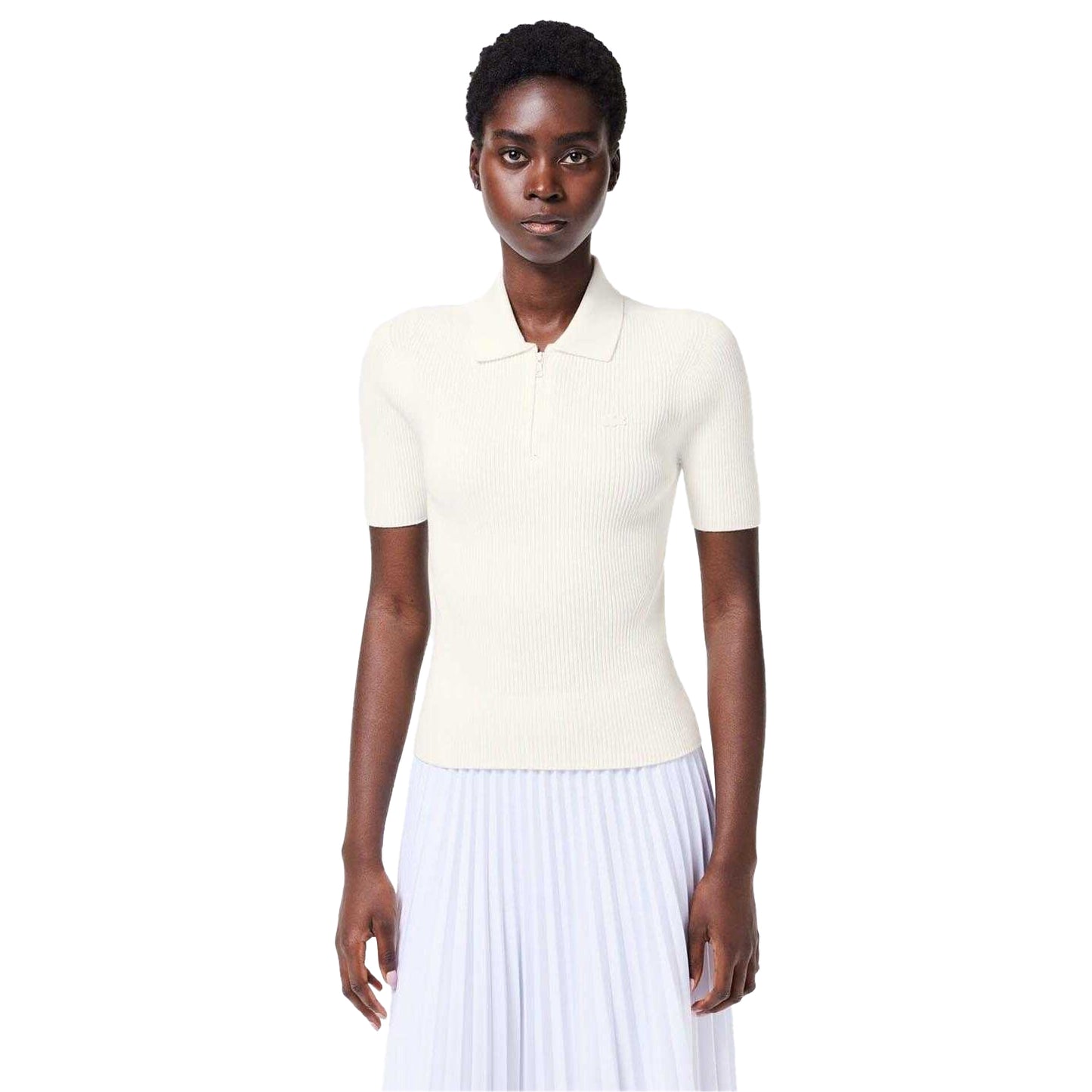 White - Side - Lacoste Womens-Ladies Rib Knit Quarter Zip Polo Shirt