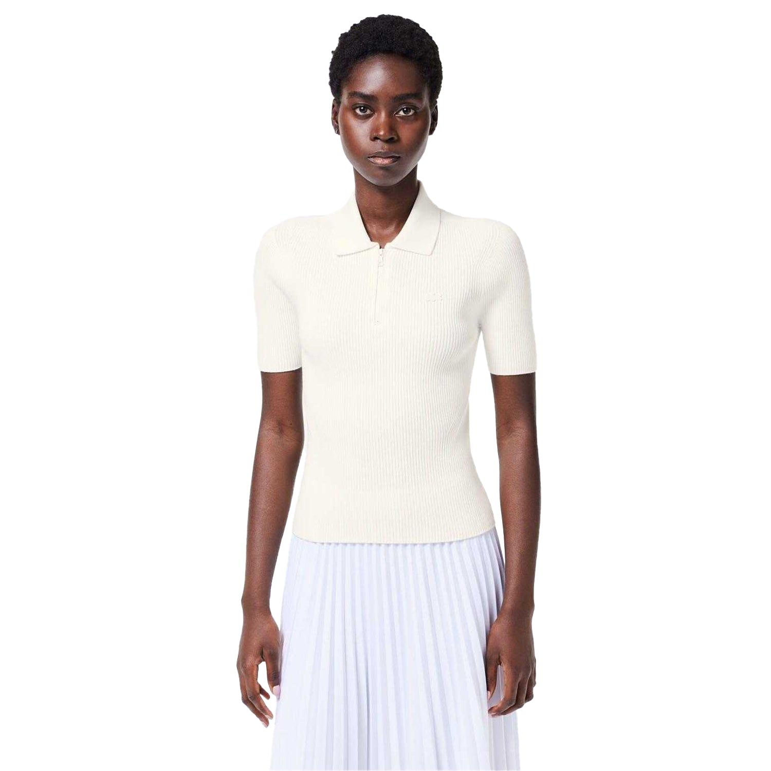 White - Side - Lacoste Womens-Ladies Rib Knit Quarter Zip Polo Shirt