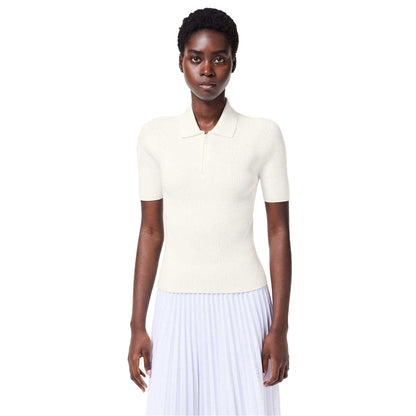 White - Side - Lacoste Womens-Ladies Rib Knit Quarter Zip Polo Shirt