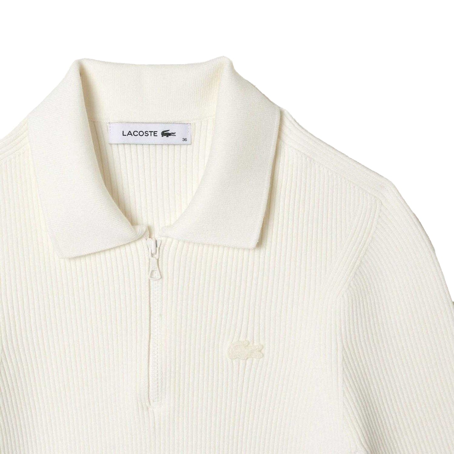 White - Pack Shot - Lacoste Womens-Ladies Rib Knit Quarter Zip Polo Shirt