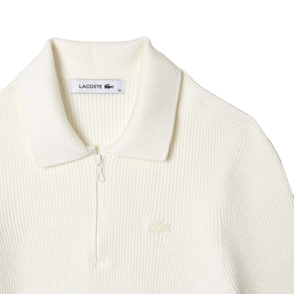 White - Pack Shot - Lacoste Womens-Ladies Rib Knit Quarter Zip Polo Shirt