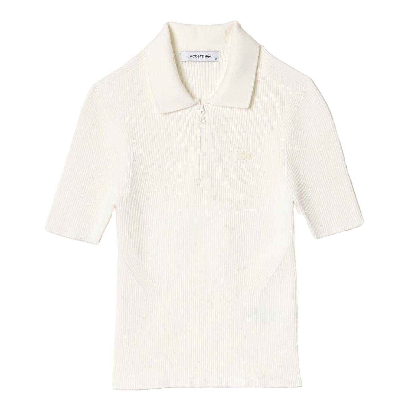 White - Front - Lacoste Womens-Ladies Rib Knit Quarter Zip Polo Shirt