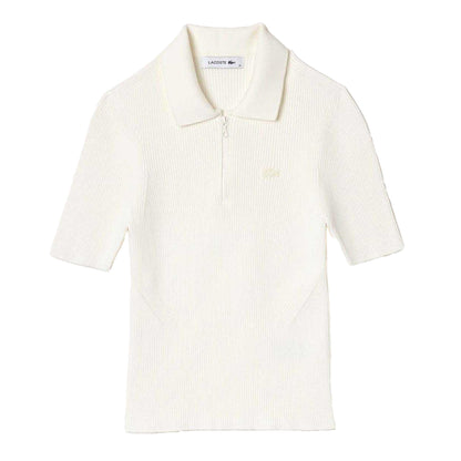 White - Front - Lacoste Womens-Ladies Rib Knit Quarter Zip Polo Shirt