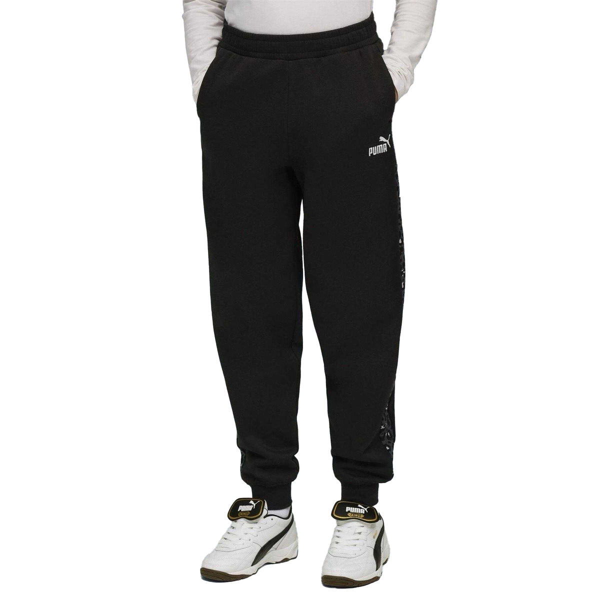 Puma Black - Side - Puma Childrens-Kids Fleece Leopard Print Jogging Bottoms