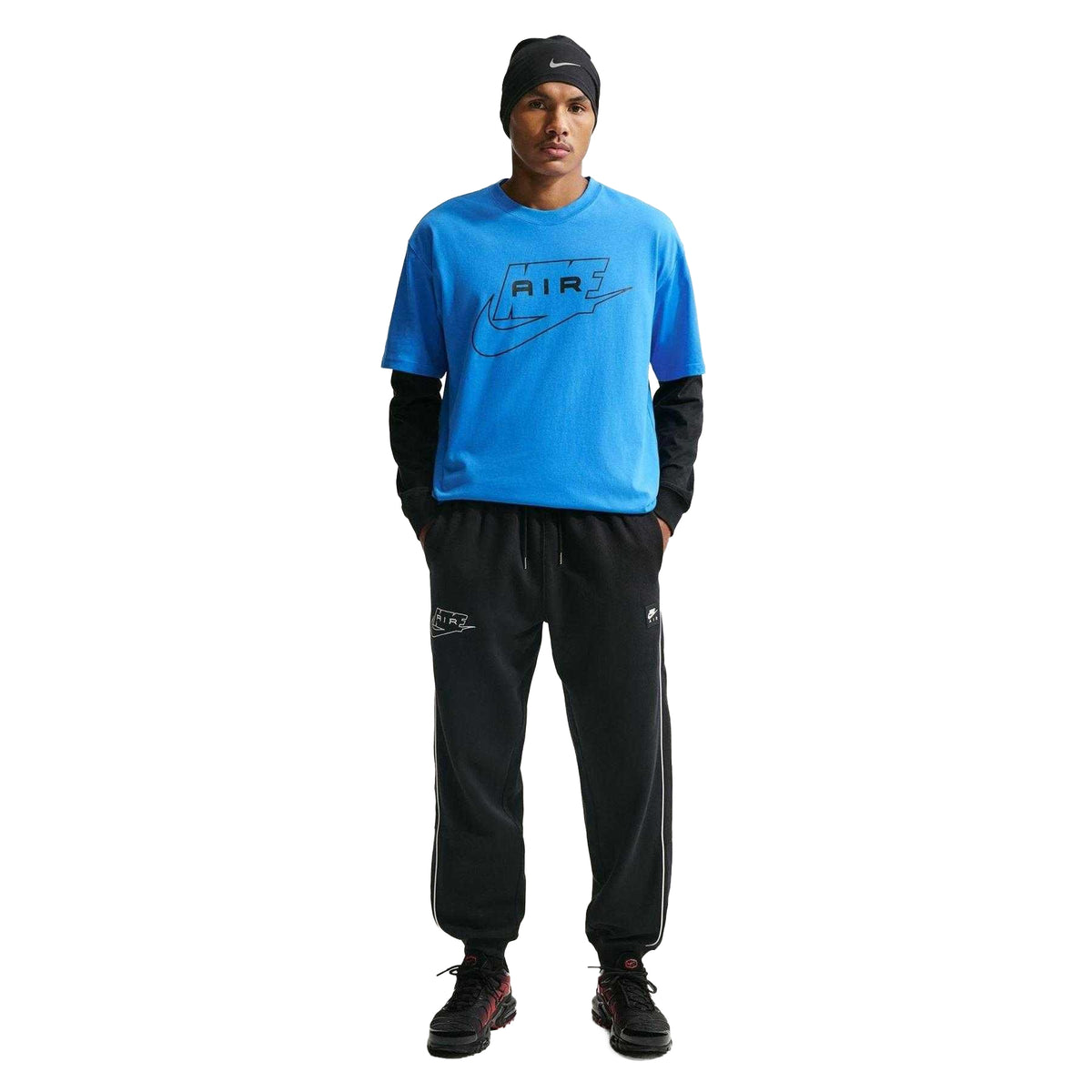 Black-White - Close up - Nike Mens Air Fleece Embroidered Logo Joggers