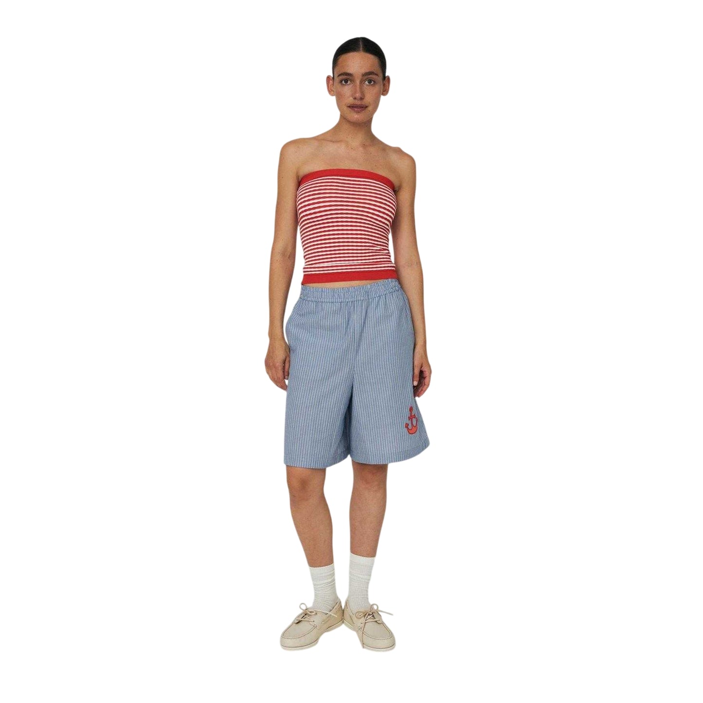 Nova-Blue - Side - Stella Nova Womens-Ladies Embroidered Logo Stripes Shorts