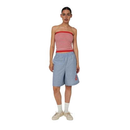 Nova-Blue - Side - Stella Nova Womens-Ladies Embroidered Logo Stripes Shorts