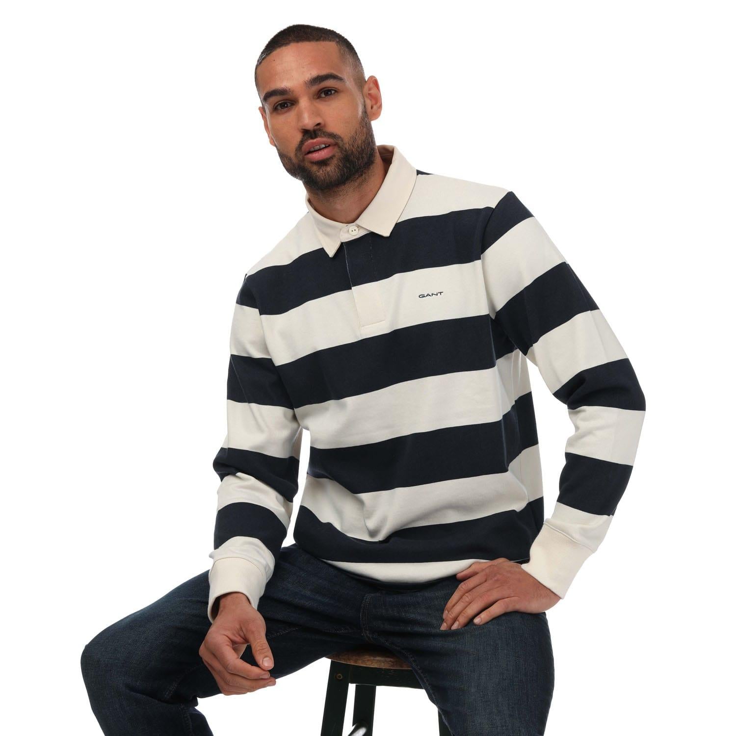 Blue - Side - Gant Mens Heavy Rugger Block Stripe Polo Shirt