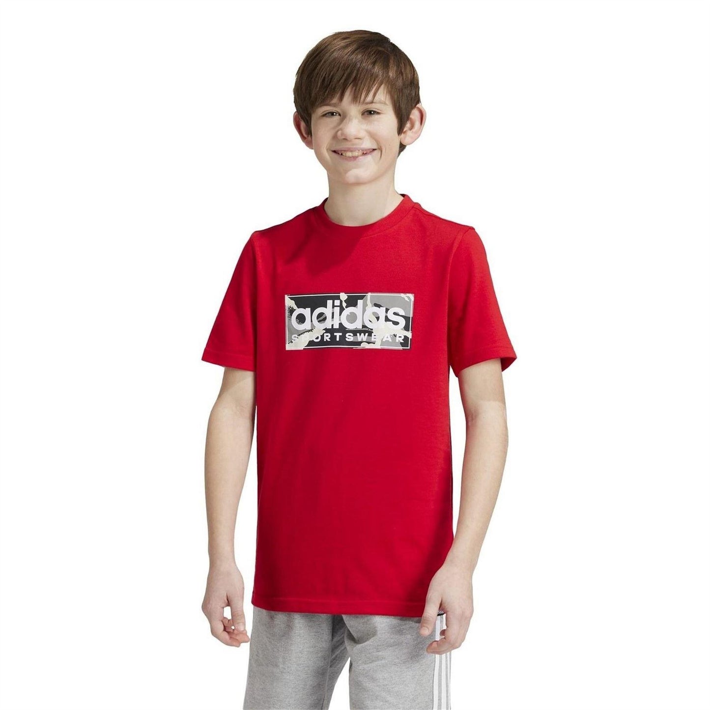 Red-Light Grey-Black - Lifestyle - Adidas Childrens-Kids Camo Logo Cotton T-Shirt