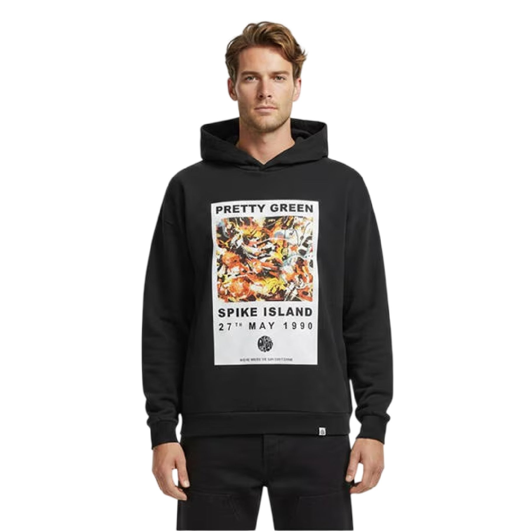 Black - Side - Pretty Green Mens Spike Island Graphic Print Overhead Hoodie