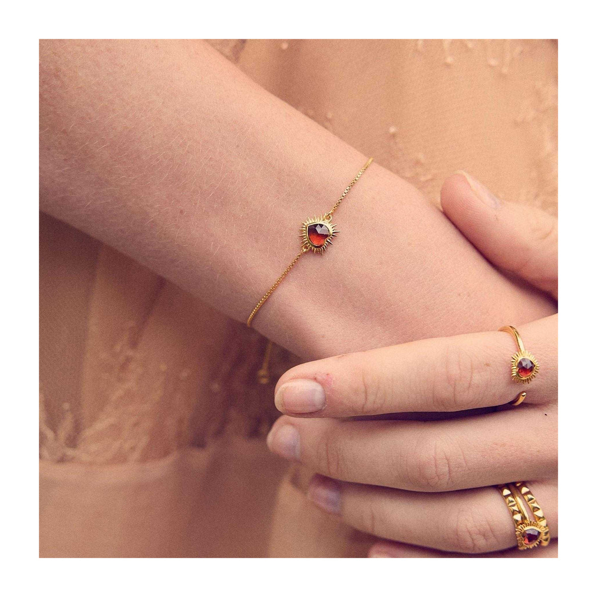 Gold-Garnet - Back - Rachel Jackson London Womens-Ladies Electric Love January Deco Heart Bracelet