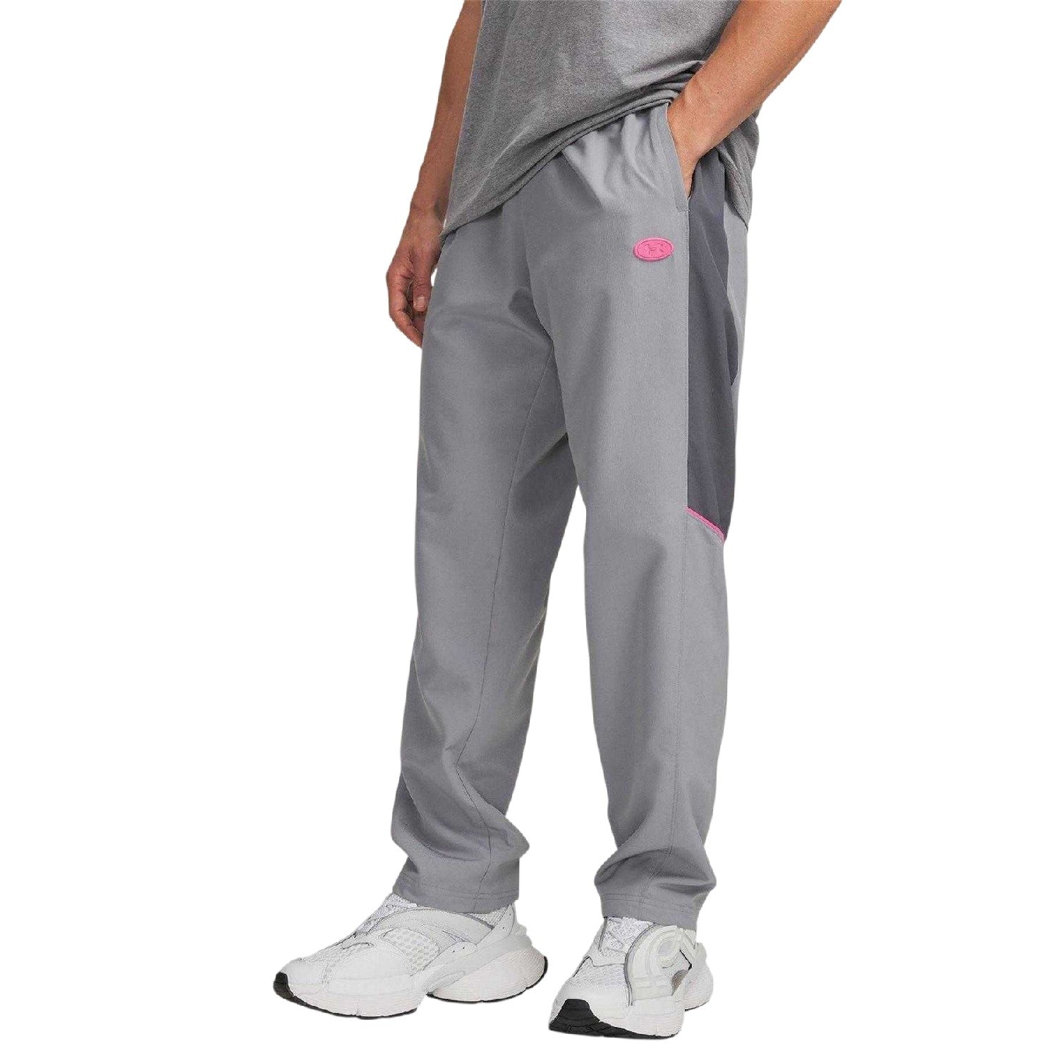 Steel Grey-Pink - Front - Under Armour Mens Rival Colour Block Tracksuit Bottoms