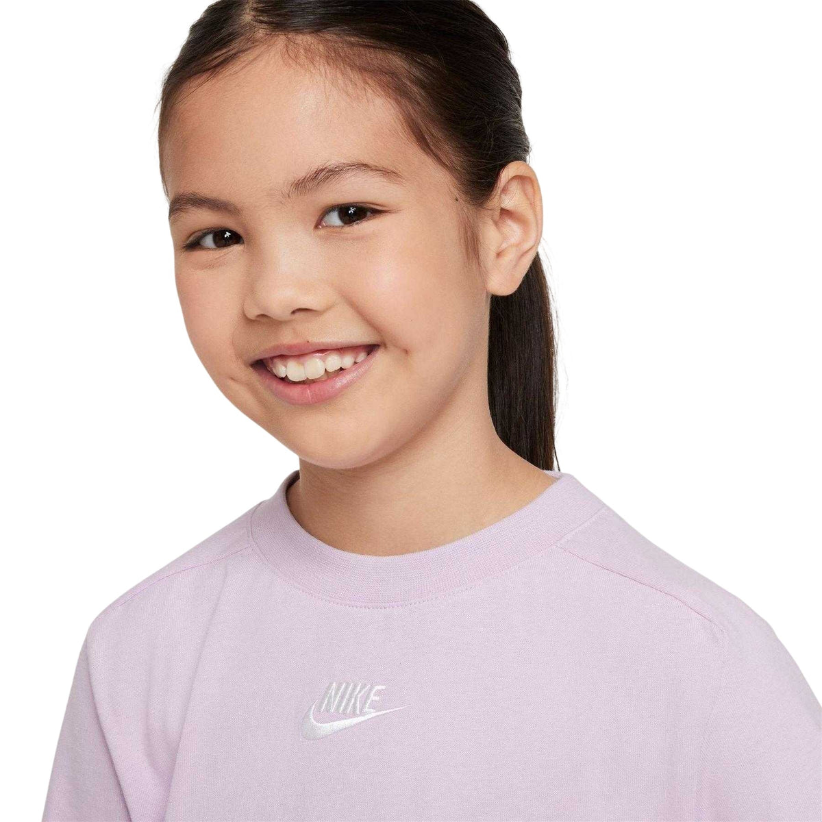 Doll Pink-White - Side - Nike Girls NSW Logo Jersey Crew Neck T-Shirt