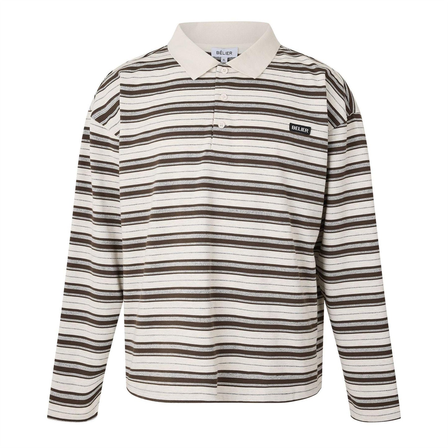 Ecru-Brown - Front - Belier Mens Stripe Long-Sleeved Polo Shirt