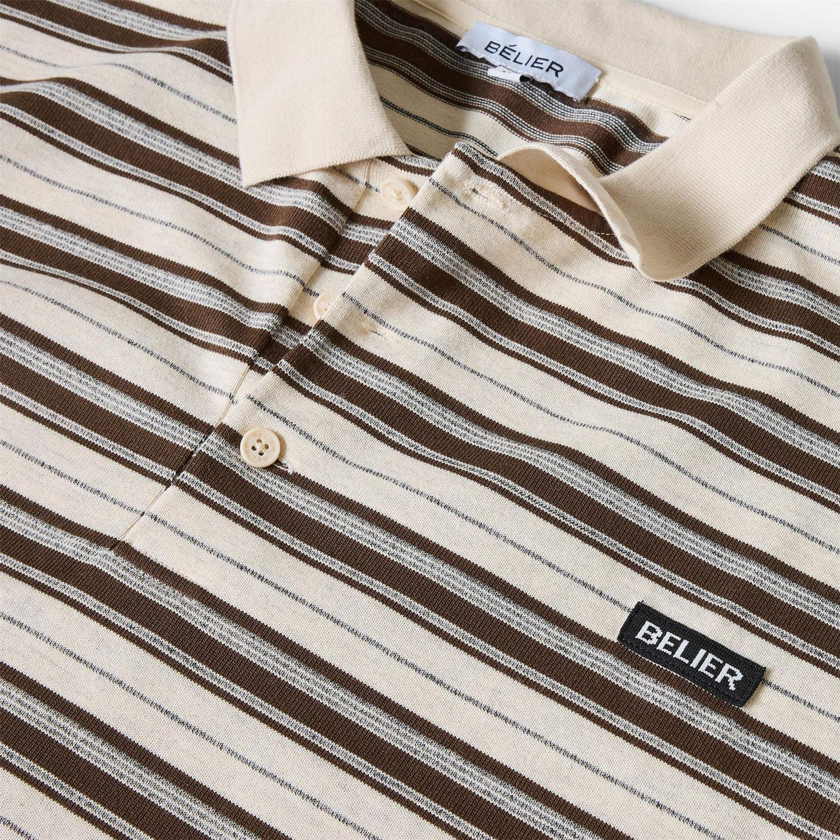 Ecru-Brown - Side - Belier Mens Stripe Long-Sleeved Polo Shirt